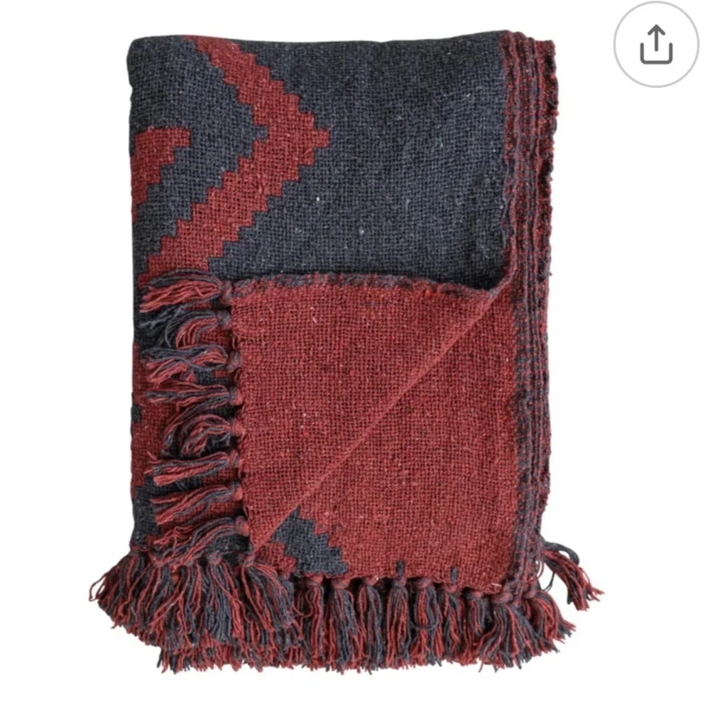 Creative Co-Op Recycled Cotton Blend Throw Blanket Geometric Fringe, Multicolor